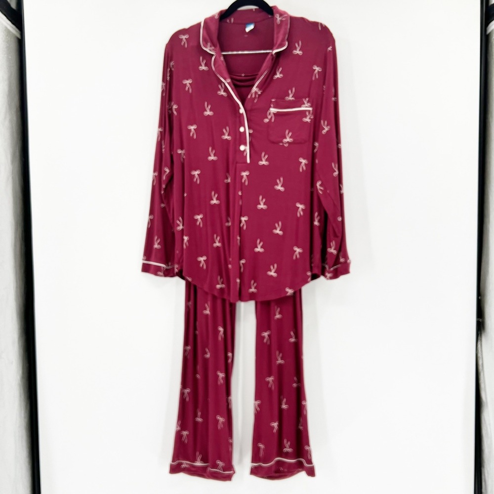 Old Navy Pajama Set Women Large Burgundy Good Maternity Bow Print Long Sleeve